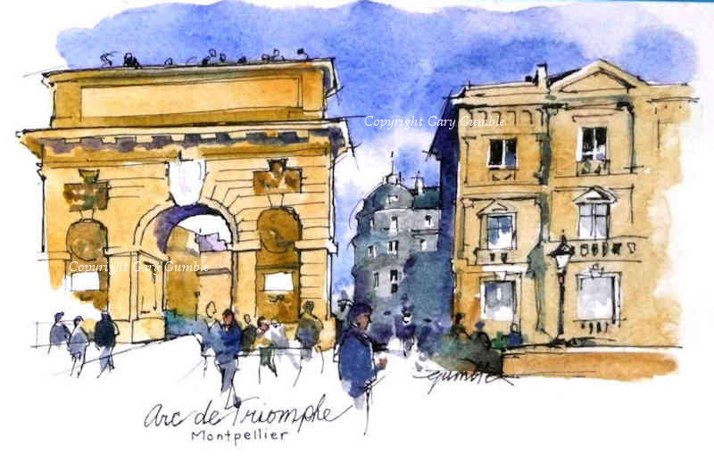 Watercolor and ink drawing of the Arc de Triomphe in Montpellier, France. 