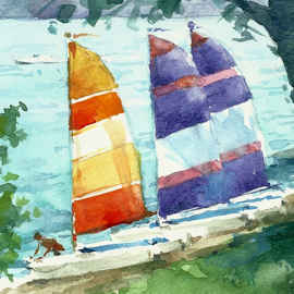 Watercolor painting of sailboats on shoreline