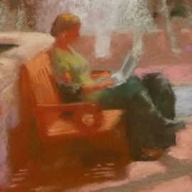 Part of pastel painting of a woman sitting in front of a fountain