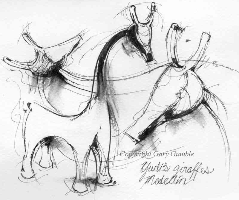 Ink drawing of giraffe sculpture